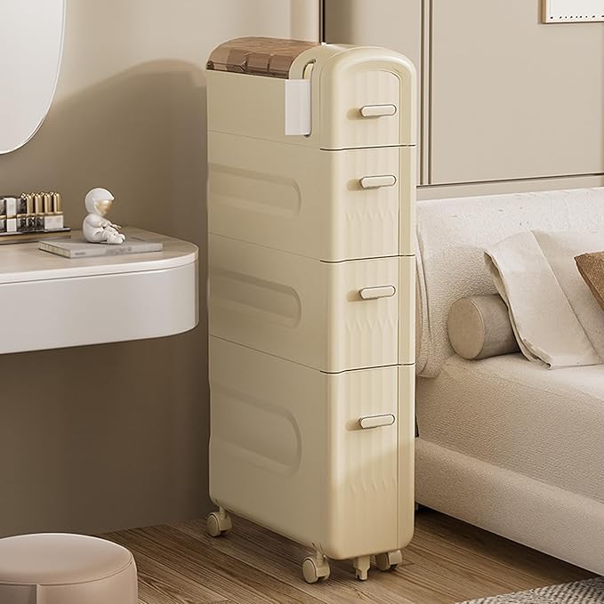 4 Tiers Narrow Slim Bathroom Floor Cabinet,Rolling Storage Cart with Toilet Paper Holder,Slim Bathroom Storage Cabinet for Small Space Kitchen Living Room