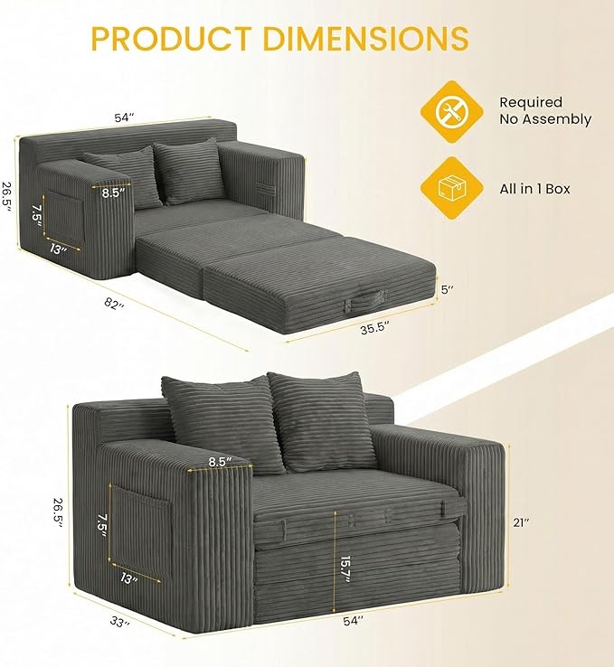 Boneless Loveseat Sleeper Sofa Bed: 3-in-1 Convertible Sofa Bed with Side Pockets & Handle,Pull Out Couch with 2 Pillows,Folding Futon for Small Space,Living Room & Bedroom,Corduroy Fabric,No Assembly