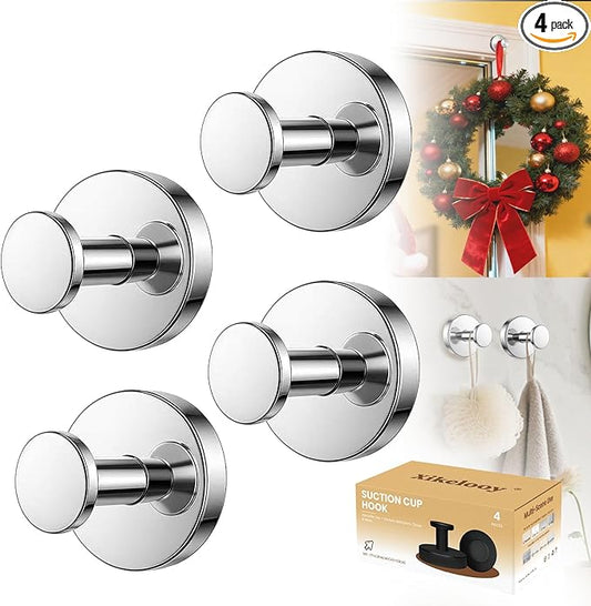 Suction Cup Hooks, Suction Cup Hooks for Shower,Removable Towel Hooks for Bathroom Window Glass Door Wall, Bath Robe Looafh Wreath Hook for Hanging (Bright Silver)