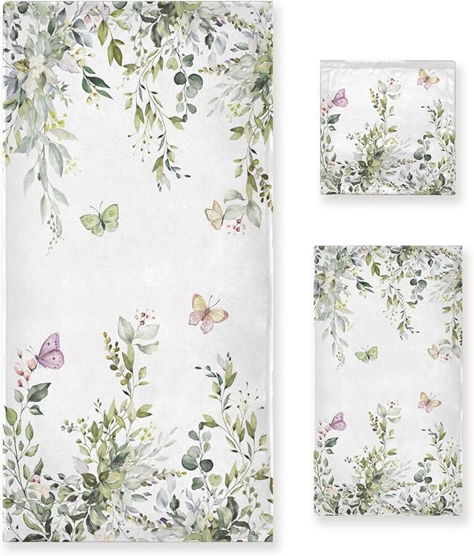 Sage Green Leaves Towels Set, 3 Piece Watercolor Eucalyptus Butterfly (1 Bath, 1 Hand, 1 Washcloth), Absorbent Microfiber Decorative Bathroom Towels for Hair, Face