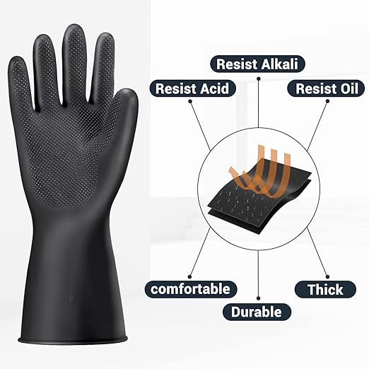 Chemical Resistant Latex Gloves, Black 1 Pair 14" Large Heavy Duty Industrial Rubber Gloves for Dishwashing, Waterproof Cleaning Protective Safety Work, Oil/Acid/Alkali Resistant