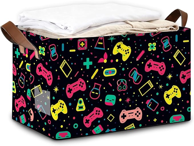 Decorative 32L Colorful Game Controller Storage Bins with Handles, Organization and Storage, Cube Storage Organizer for Hamper, Nursery