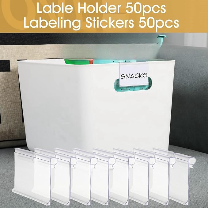 50pcs Labels for Storage Bins Plastic Label Clip, Basket Labels Clip On Wire Shelf Price Label Holder Merchandise Sign Display Holder, 50pcs Label Insert Included (3.94IN*1.57IN)