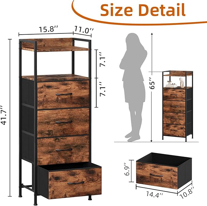Somdot Night Stand with 4 Drawers, Vertical Storage Tower Fabric Dresser for Bedroom, Nightstand Bedside Table Furniture, Sturdy Steel Frame, Wooden Top & Easy Pull Fabric Bins, Wood Grain Print