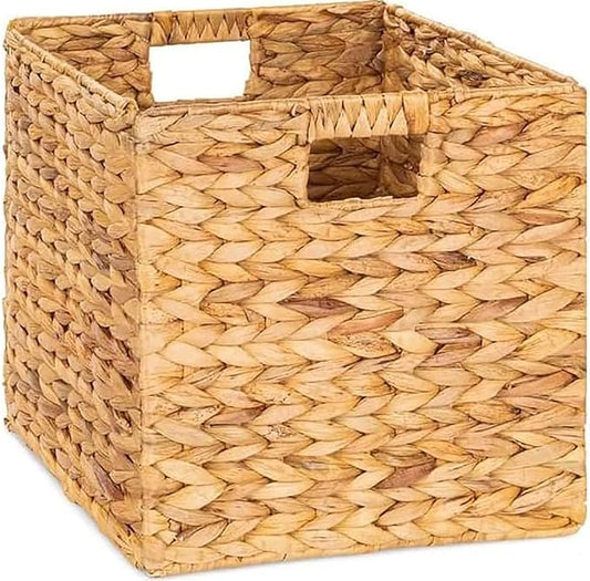 10.5x10.5in Storage Baskets,1 Pack Water Hyacinth Baskets,Foldable Handwoven Storage Cubes,Wicker Cube Baskets Laundry Organizer Totes for Bathroom, Bedroom, Laundry, Pantry, Shelves