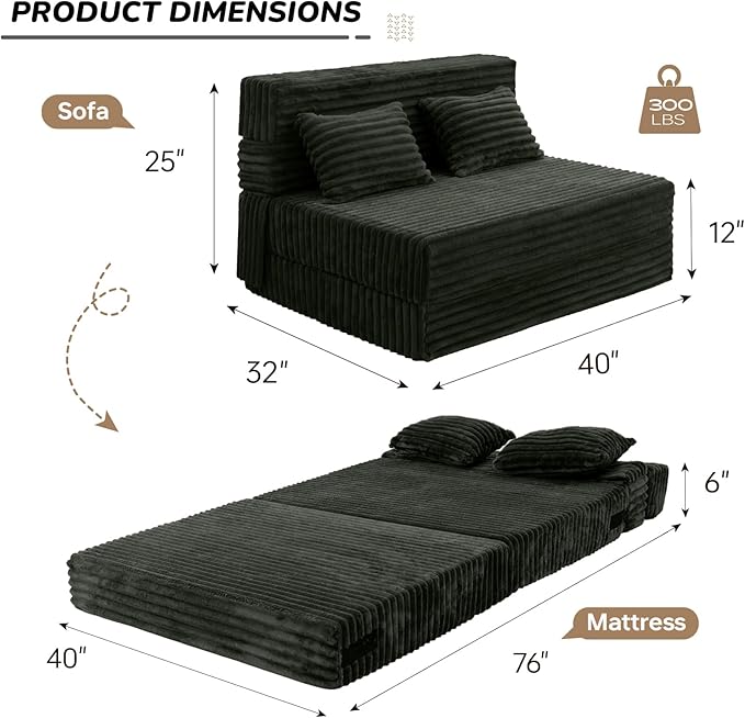 Folding Sofa Bed Twin, Convertible Sleeper Chair Loveseat with Pillow, High-Density Futon Chair Bed, Foldable Sofa Sleeper Floor Couch for Bedroom Living Dorm Guest Room, Charcoal Moss Grey