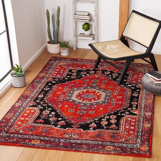 SAFAVIEH Vintage Hamadan Collection Area Rug - 6'7" x 9', Red & Black, Transitional Design, Stain Resistant, Ideal for High Traffic Areas in Living Room, Bedroom & Dining Room (VTH204Q-6)