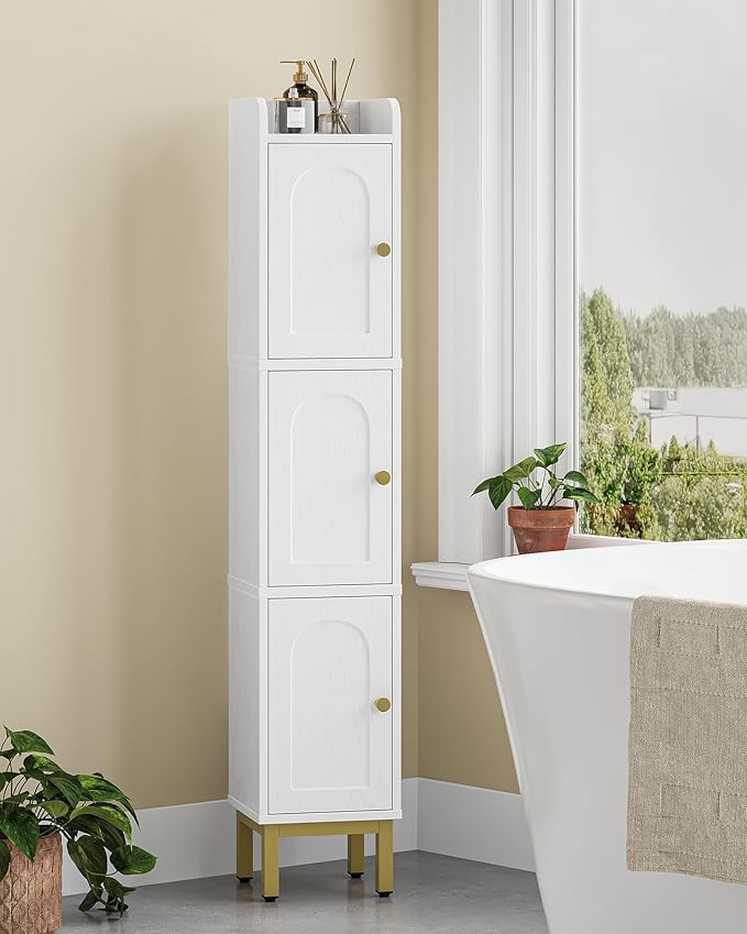 Slim Bathroom Storage Cabinet, Narrow Bathroom Organizers and Storage with 4 Adjustable Feet, Laundry Room Organization for Small Space, Kitchen, Living Room, 3 Doors White BC22313G