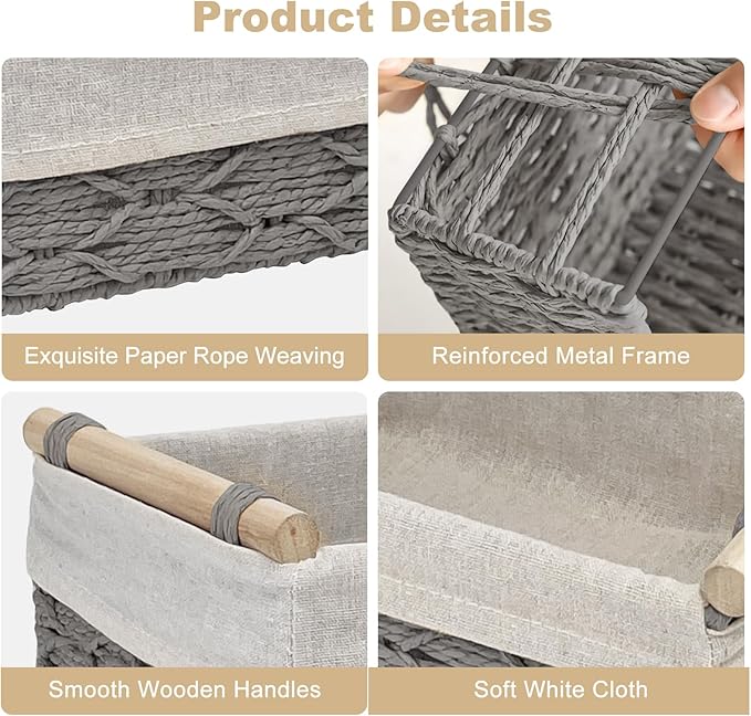Wicker Storage Baskets with Wooden Handle, Decorative Paper Rope Organizer Bins for Home, Bathroom, or Countertop, Small Baskets Set of 2 (Grey)