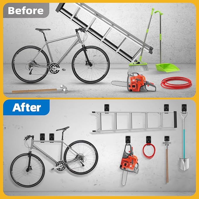 2 Pack Garage Hooks Heavy Duty 10 INCH Double-Layer Steel Shed Wall Mount Workshop Garage Storage Organizer Hooks for Hanging Garden Tool, Hose, Ladder, Chairs, Bikes with Anti-Slip Coating