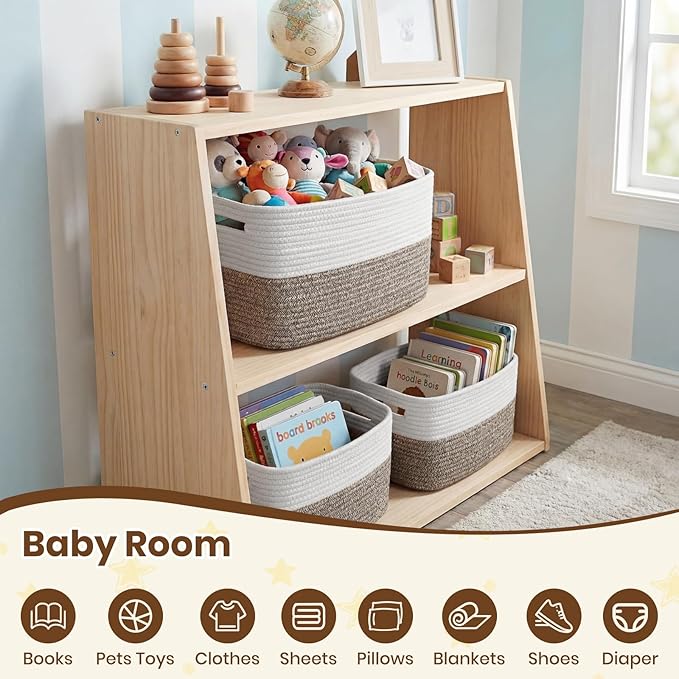 Storage Baskets for Organizing, 14 x 10 x 9” Closet Shelf Woven Baskets, Square Bins with Handles, Cotton Rope Basket for Toys, Clothes, Office, Room, White+Dark brown 3 Pack