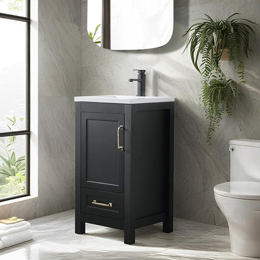 eclife 18" Bathroom Vanities with Sink Combo, Modern Thickened Wood Bathroom Storage Cabinet w/Undermount Sink, Matte Black Faucet Drain, Painted Surface, Black