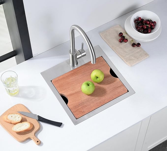 Stainless Steel Drop-In Bar Sink 15x15 Inches Single Bowl Small Workstation Kitchen Sink, Doirteal Top Mount 15 Inch Bar Sinks Outdoor Wet Bar Prep Sinks With Accessories