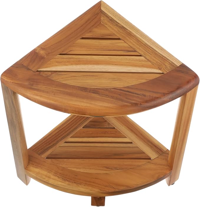 EcoDecors Fully Assembled SnazzyCorner® 18" Teak Shower Bench, Corner Shower Stool, w Shelf in Earthy Teak Finish, Compact Fit for Small Bathrooms & Walk-in Showers – Slip-Resistant Feet, Sauna Bench