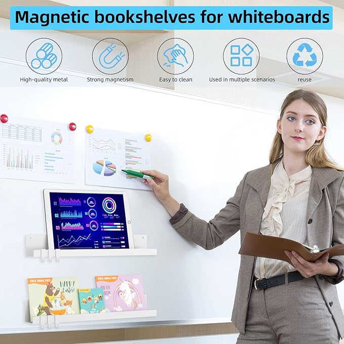 2-Pack Magnetic Book Shelf for Whiteboard - 17 Inch Reusable Metal Magnetic Shelves, Holds 14.33 lbs, Magnetic Book Display for Classrooms, Kitchen(New White)