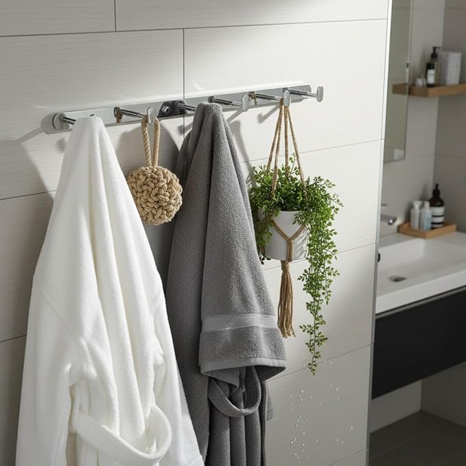 Roshan Handcrafted and Hand Polished Multi Purpose Towel Rack, SUS304 Stainless Steel Rust Proof and Peel Resistant Towel Shelf, Towel Hook, Includes 2 Handmade Hooks (4, Silver)
