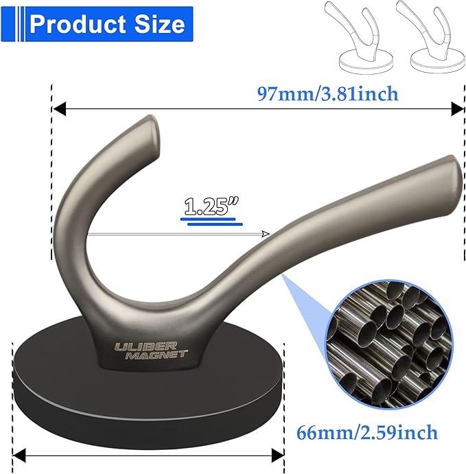 ULIBERMAGNET Strong Magnetic Double Hooks, 2 Pack Heavy Duty Sturdy Coat Magnetic Hangers, Rubber Magnets Large Hooks for Coat Robe Towel Key Hat (Brushed Nickel)