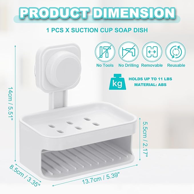 uxcell 1Pcs Suction Cup Soap Dish, Removable and Reusable Wall Mounted Double Bar Soap Holder for Shower No-Drilling Sponge Holder for Bathroom Kitchen, White