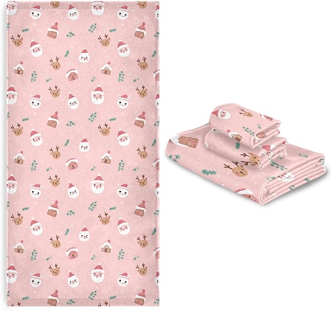 Christmas Winter Towels Set of 3 Christmas Symbol with Pink Bathroom Towel Soft Absorbent Bath Hand Towels Washcloth Guest Towel Sets Xmas Holiday Decor