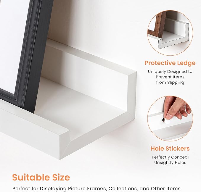 RICHFOCUS Picture Ledge Shelf, 24 inch Floating Shelves Set of 2, Wood Wall Shelves with Lip, Wall Decor Storage for Bedroom Living Room Bathroom Kitchen Nursery Photo Picture, White