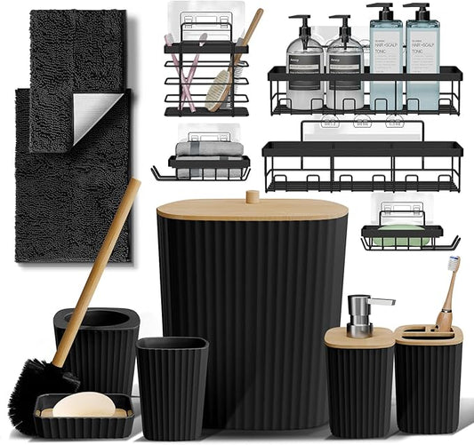 Clara Clark Bathroom Set - Black Bathroom Accessories Set, 6PC Bathroom Accessory Set, Bathroom Sets with Bathroom Rugs, Adhesive Corner Shower Caddy Hanging, Toilet Brush, Trash Can & Soap Dispenser