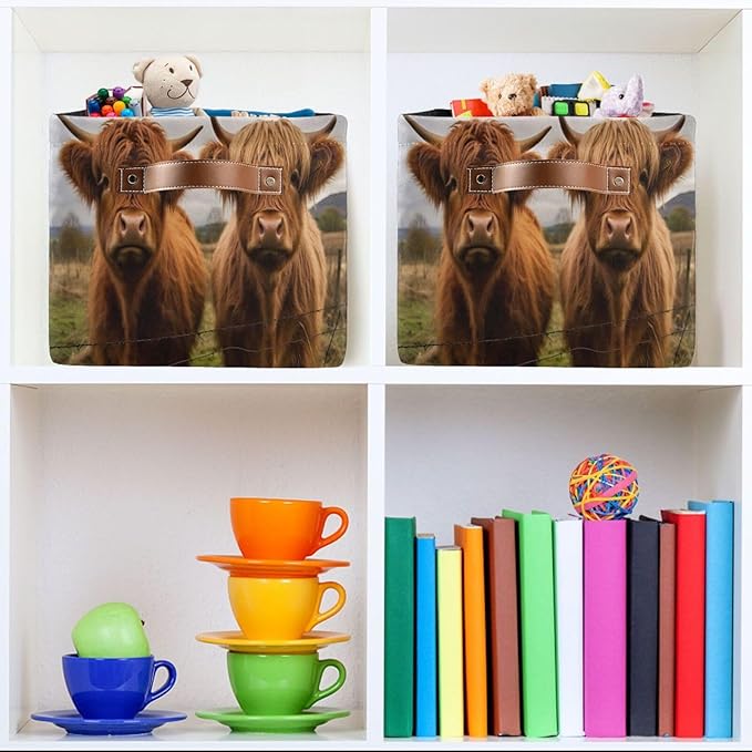 Storage Basket Scottish Highland Cow Rectangular Collapsible Canvas Shelves Storage Bins with Leather Handles for Shelves Home Closet Bedroom Living Room, 1Pack