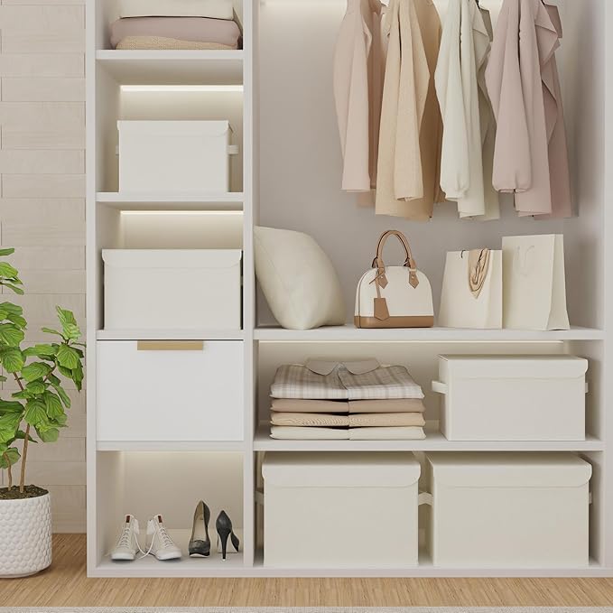 Storage Bins with Lids for Organizing, Closet Boxes with 2 Carrying Handles and Sturdy Heavy Cardboard, Home Organizers Cubes, 2 Pack, Beige, 15 x 9.8 x 9.8 In, XSNY12BEL-2