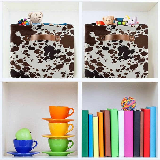 Storage Basket Cow Print Rectangular Collapsible Canvas Shelves Storage Bins with Leather Handles for Shelves Home Closet Bedroom Living Room, 1Pack