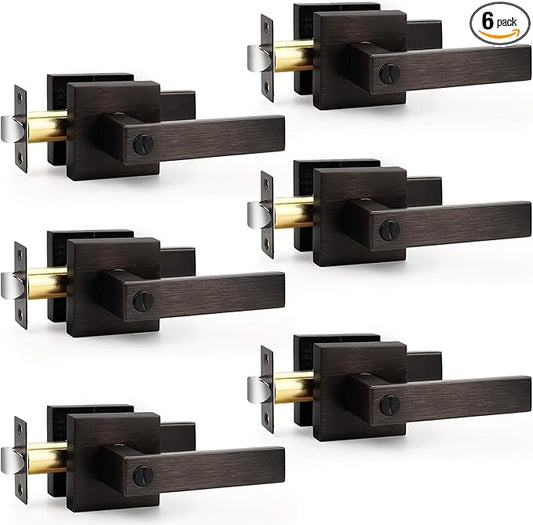 Probrico Oil Rubbed Bronze Privacy Door Levers Heavy Duty Lockset for Interior Bedroom/Bathroom, Flat Square Universal Handing Handlesets/Leversets, 6 Pack