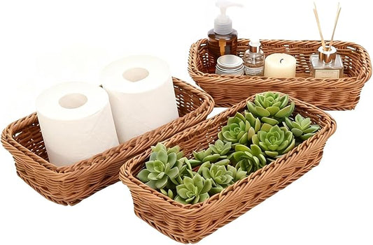 3 Pack Small Bathroom Vanity Trays, Waterproof Plastic Rattan Toilet Tank Organizers, 9.8" Slim Rectangular Topper Baskets for Guest Towel, Perfume & Candle, Washable Wicker Aesthetic (Honey Brown)