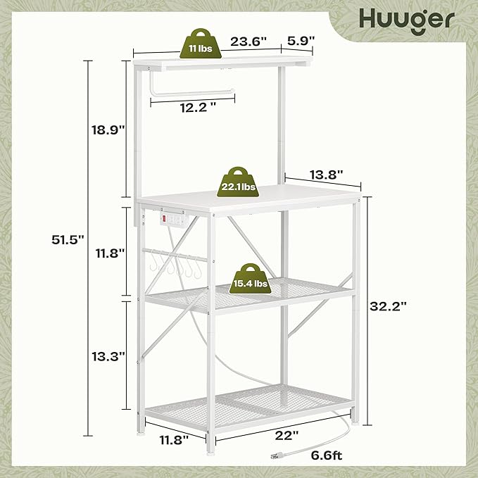 Huuger 4-Tier Bakers Rack with Reversible Power Outlet, 23.6 Inch Microwave Stand with Paper Towel Holder, Kitchen Bar, Larger Storage with Top Shelf, 6 S Hooks, White