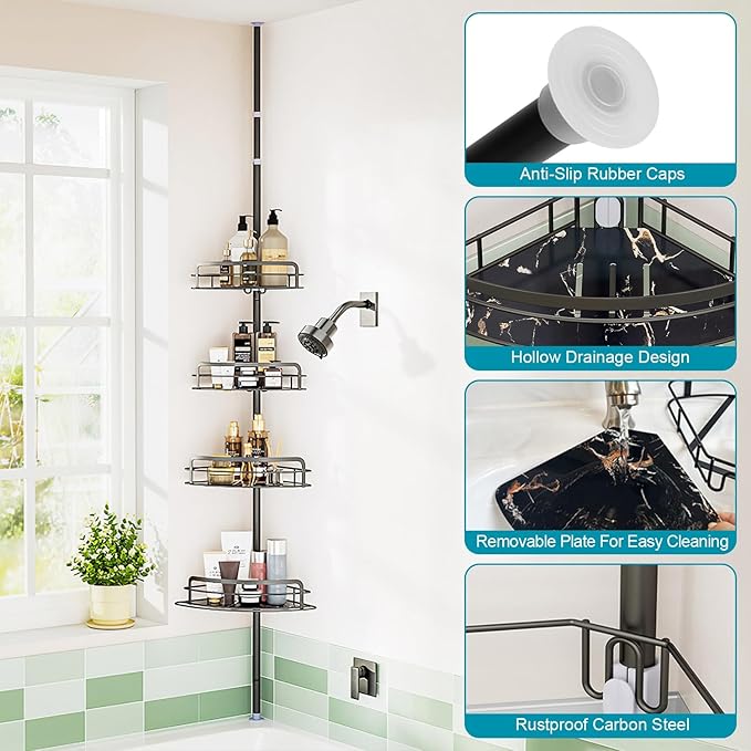 Corner Shower Caddy Tension Pole, Upgraded Adjustable Corner Shower Caddy Organizer with Hooks, 4-Tier Shelf Inside Shower Bathtub Organizers & Storage, Thickend Rustproof Steel, 33 to 116 Inch Height