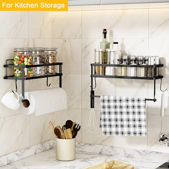 ESOW Paper Towel Holder with Shelf Storage, Adhesive Wall Mount 2-in-1 Basket Organizer for Kitchen & Bathroom, Durable Metal Wire Design, Stainless Steel 304 Matte Black Finish