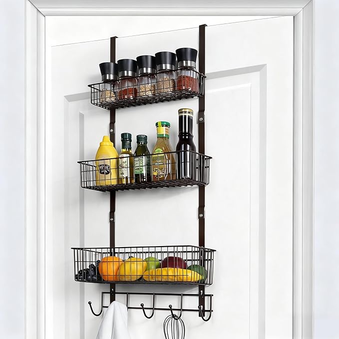 Over the Door Basket Organizer 3 Tier Hanging Basket Door Shelf Rack Heavy Duty Over Door Pantry Organizer with 3 Metal Baskets for Kitchen Bathroom Bedroom Living Room, Dark Brown