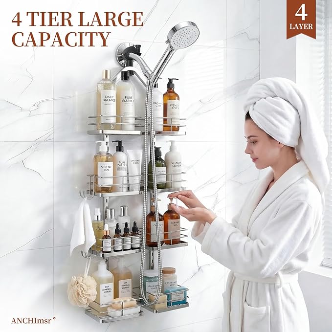 Adjustable Hanging Shower Caddy for Handheld Showerhead, 4-Tier Rustproof Shower Rack Baskets, Anti-Swing Hanging Shower Organizer for Bathroom Storage with 2 S-Hooks, Large Capacity, Silver