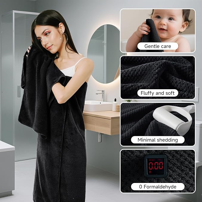REDKISS 6-Piece Bath Towel Set - 2 Washcloths, 2 Hand Towels, 2 Bath Towels — Ultra-Fiber Coral Fleece, Super Absorbent, No Lint & No Fading — Perfect for Bathroom, Spa, Gym — Family & Adults-Black