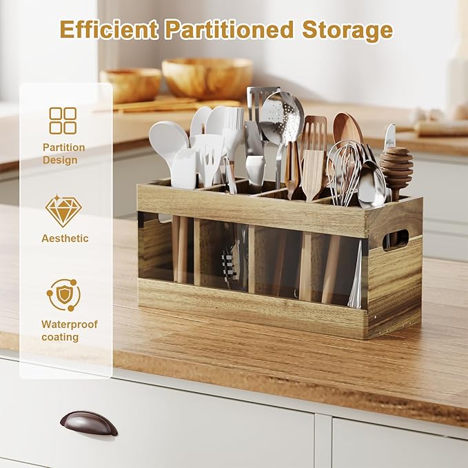 Acacia Rustic Wood Utensil Holder, Extra Large Cooking Holder with Drying Stone Base and 8 Compartments, Farmhouse Kitchen Countertop Organizer