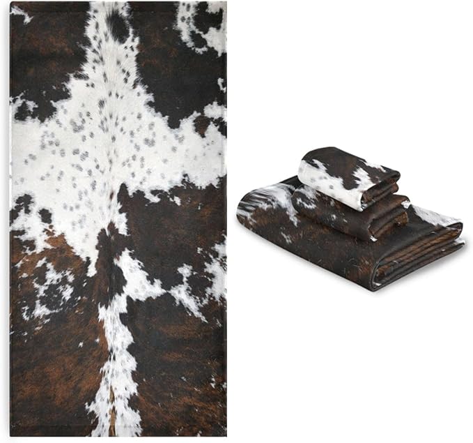 3 Piece Cow Fur Bath Towel Set,Microfiber Decorative White Black Brown Cow Print Country Farmhouse Cowhide Bathroom Towels,1 Bath Towel 1 Hand Towel for Bathroom Kitchen,1 Washcloth for Face