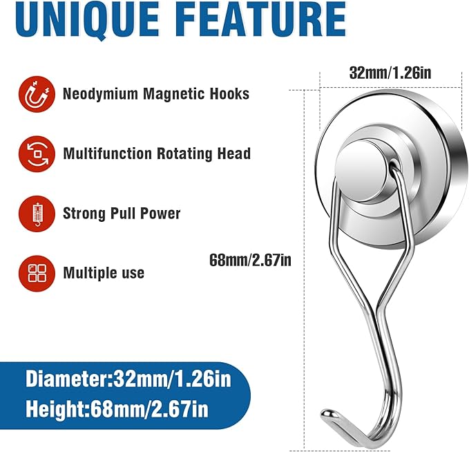 E BAVITE Swivel Swing Magnetic Hook 120LB Refrigerator Magnet Hook 10 Pack Strong Neodymium Magnets for Refrigerator Other Surfaces 67.5mm(2.66in) in Length