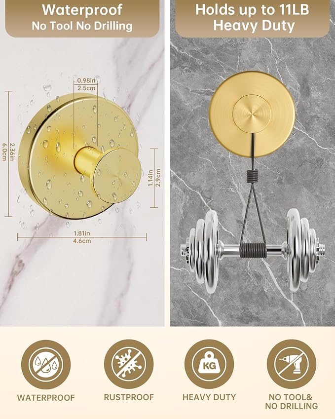 Suction Cup Hooks for Shower, Suction Cup Hooks for Door Wreaths, Robe Towel Hooks Heavy Duty for Bathroom Hanging, Windows, Kitchen, Glass, Mirror, No Drilling, 6 Pack (Gold)