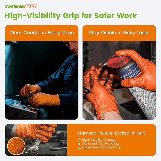 TREEGO Orange Nitrile Gloves 10 Mil Disposable Rubber Mechanic Gloves, Heavy Duty Diamond Grip for Automotive, Latex Free Industrial Work Gloves, 100 Count Large