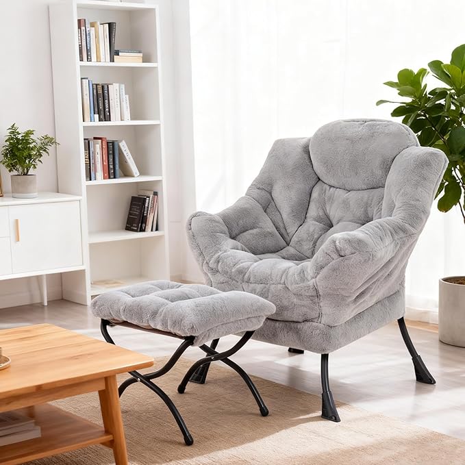 Welnow Lazy Chair with Ottoman, Modern Lounge Accent Chair with Armrests and a Side Pocket, Leisure Sofa Armchair, Reading Armchair with Footrest for Small Space, Plush Grey