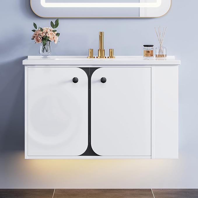 IRONCK 30 Inch Bathroom Vanity with Sink, Wall Mounted Floating Vanity with LED Light & Open Side Shelf, High Gloss Modern Bathroom Cabinet for Small Space, White
