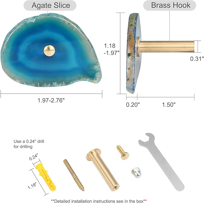 4 Pcs Unique Agate Blue Coat Hooks - Wall Mounted Decorative Hooks with Brass Finish - Holds Hats, Bags, Curtains