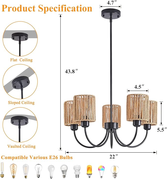 22” Black Farmhouse Chandelier - 5 Light Rattan Pendant Light for Kitchen Island & Dining Room - Adjustable Height E26