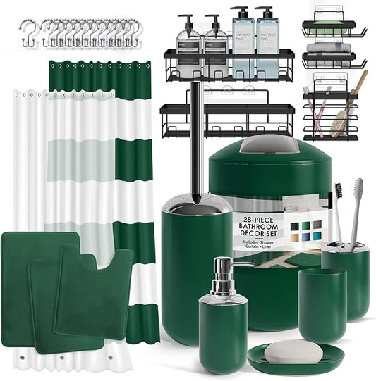 Clara Clark Bathroom Accessories Set - 28PC Bathroom Set with Adhesive Corner Shower Caddy Hanging, Bathroom Sets with Shower Curtain and Rugs, Green Shower Curtain Set with Bathroom Trash Can