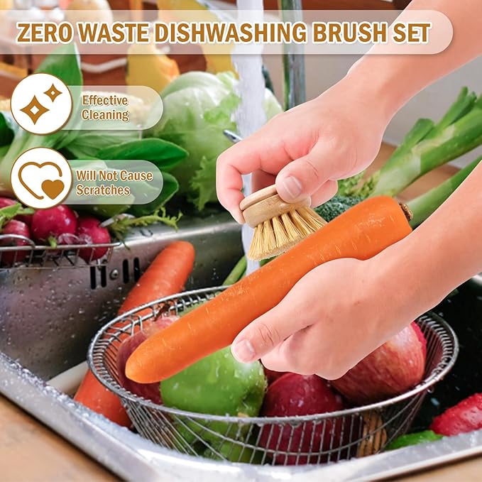 6pcs Bamboo Dish Brush Replacement Heads, Wooden Dish Brushes for Cleaning – Kitchen Wood Dish Scrubbers Washing Up Brush Heads – Natural Bristle Brush Refills for Dishes, Pots – Eco Friendly