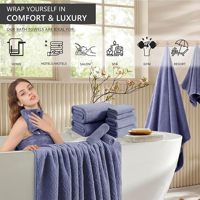 8 Piece Bath Towel Set — 2 Oversized Large Bath Sheet,2 Hand Towels,4 Washcloths — Ultra Soft Bath Towel Set for Bathroom Hotel Gym Spa,Highly Absorbent Quick Dry Bathroom Towel Collections,Wedgewood