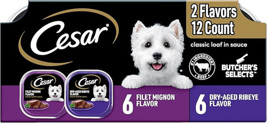 Cesar Wet Dog Food Classic Loaf in Sauce Butcher's Selects Variety Pack, Dry-Aged Ribeye Flavor and Filet Mignon Flavor, 3.5 oz. Easy Peel Trays, Variety Pack 12 Count (Pack of 1)