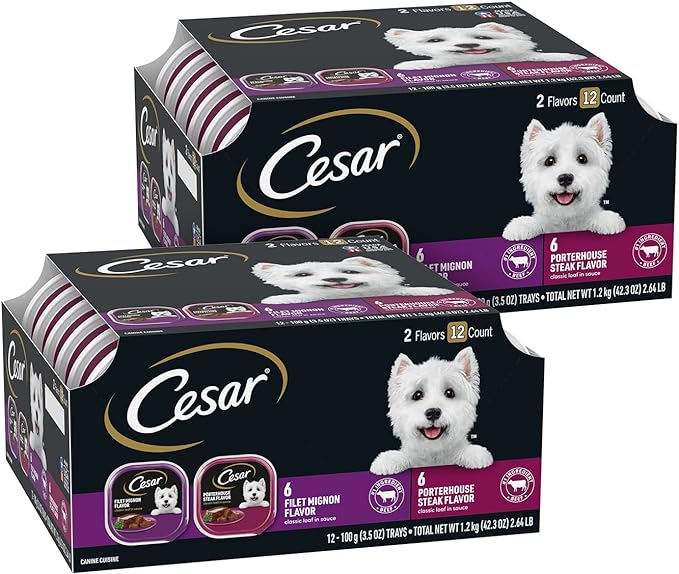 Cesar Wet Dog Food Classic Loaf in Sauce, Filet Mignon Flavor and Porter House Flavor, 3.5 oz. Easy Peel Trays, 12 Count (Pack of 2)